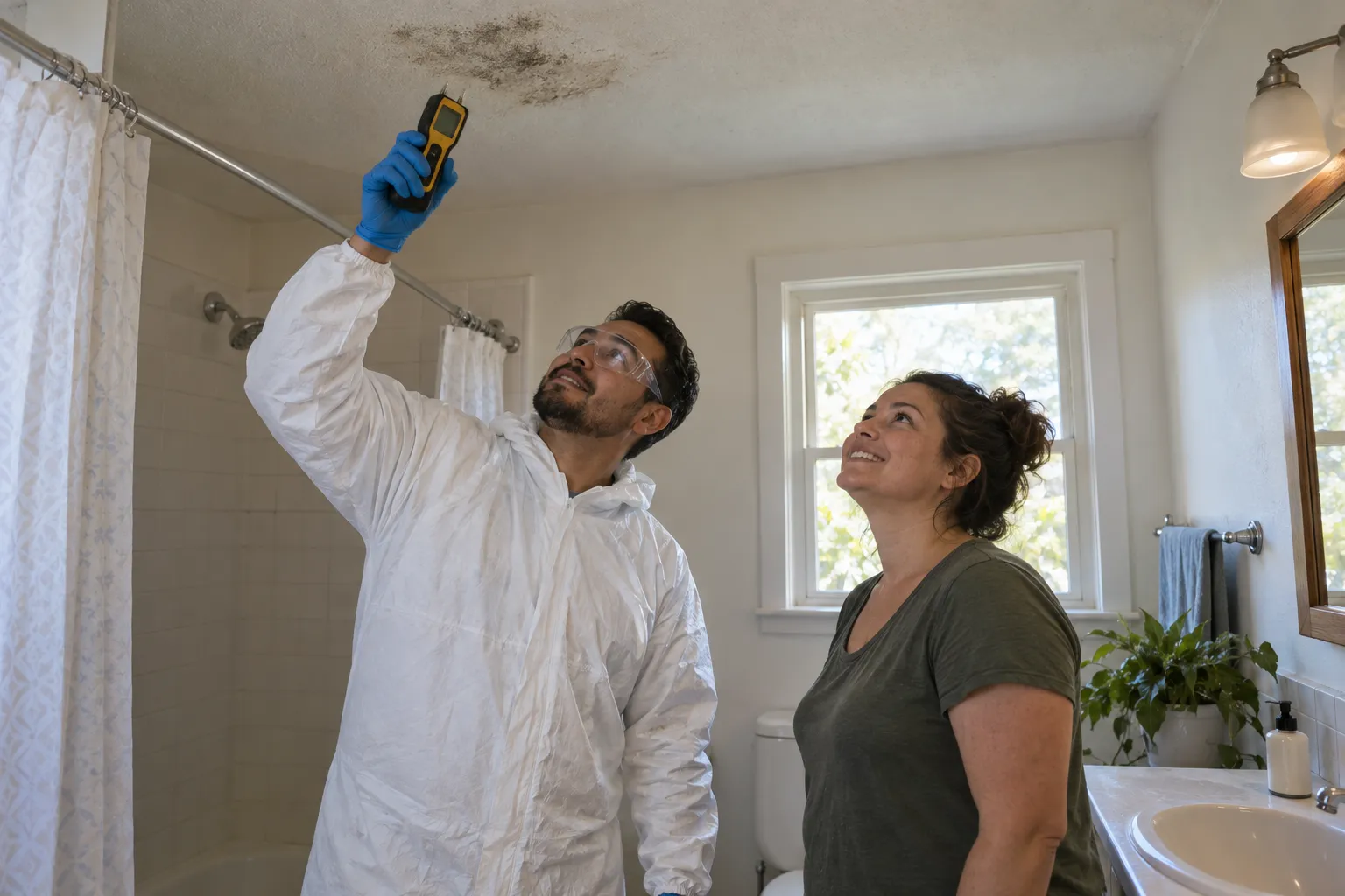 Homeowner and a mold removal provider checking a bathroom ceiling in a Clermont home
